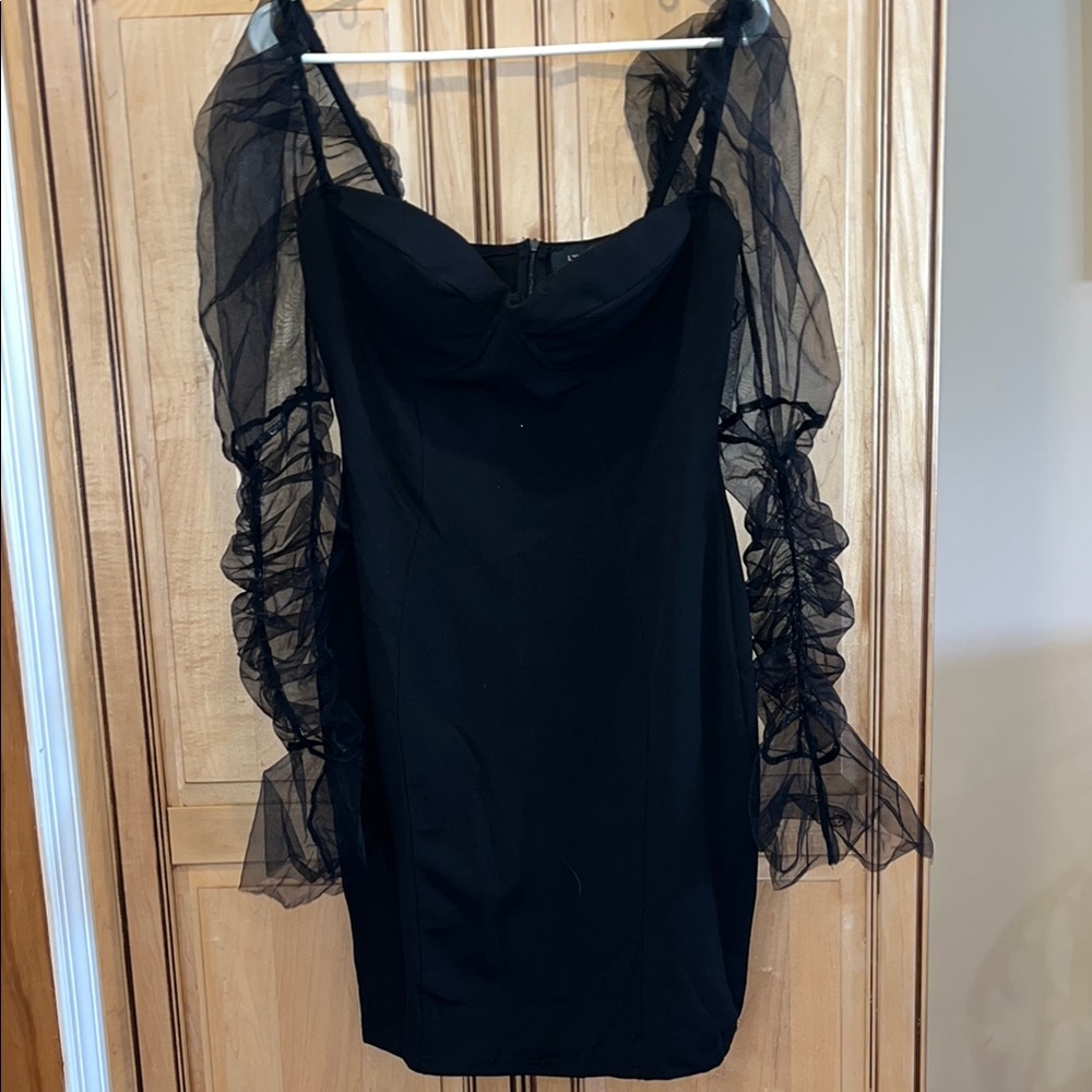 L'VOW  Sheer Mesh Pencil Dress with Sheer Sleeves